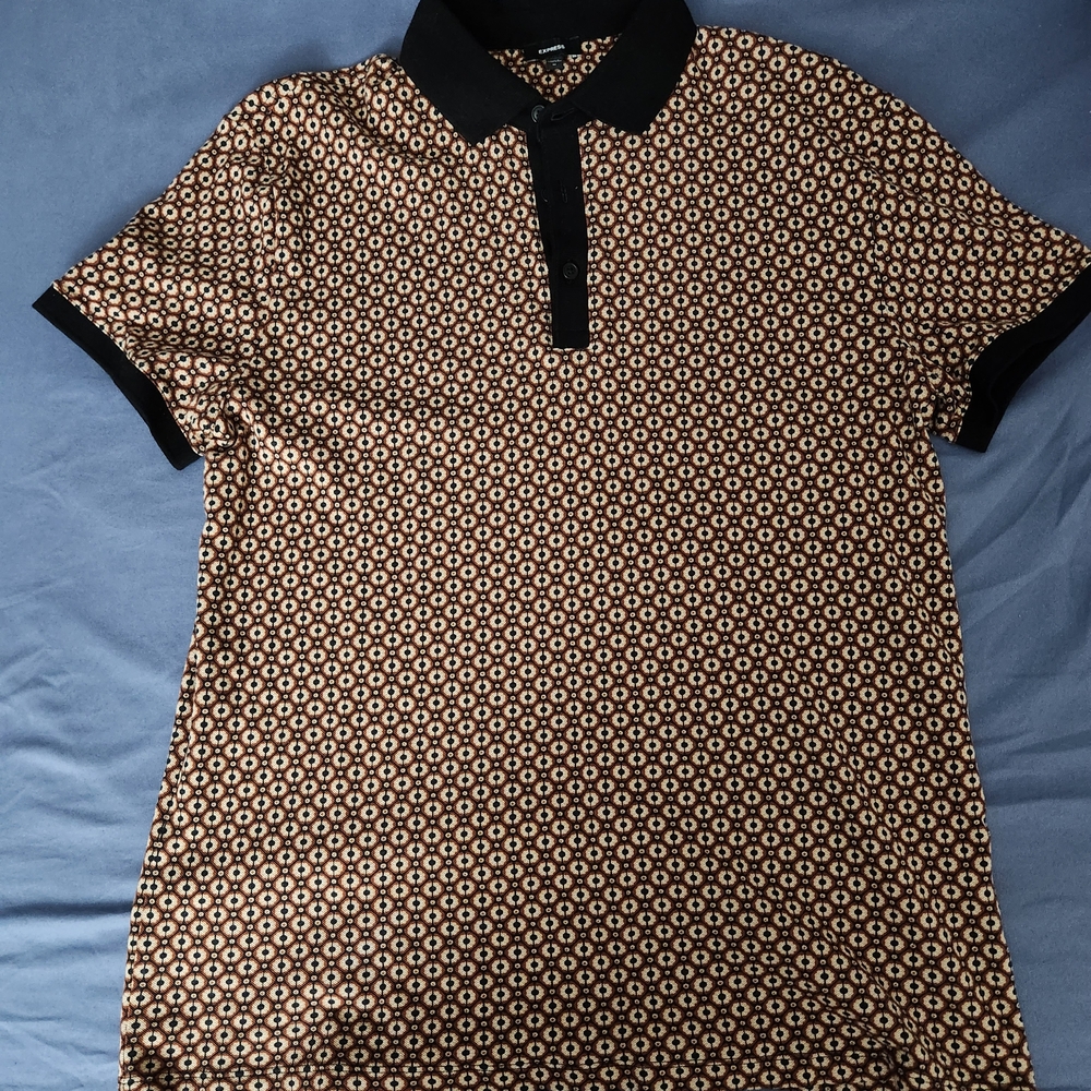 Men's Black and Brown Patterned Polo Shirt
